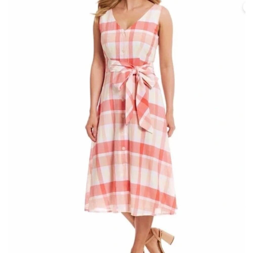 Alex Marie Reba Plaid Midi Sleeveless Faux Button Front Belted Dress Size 4